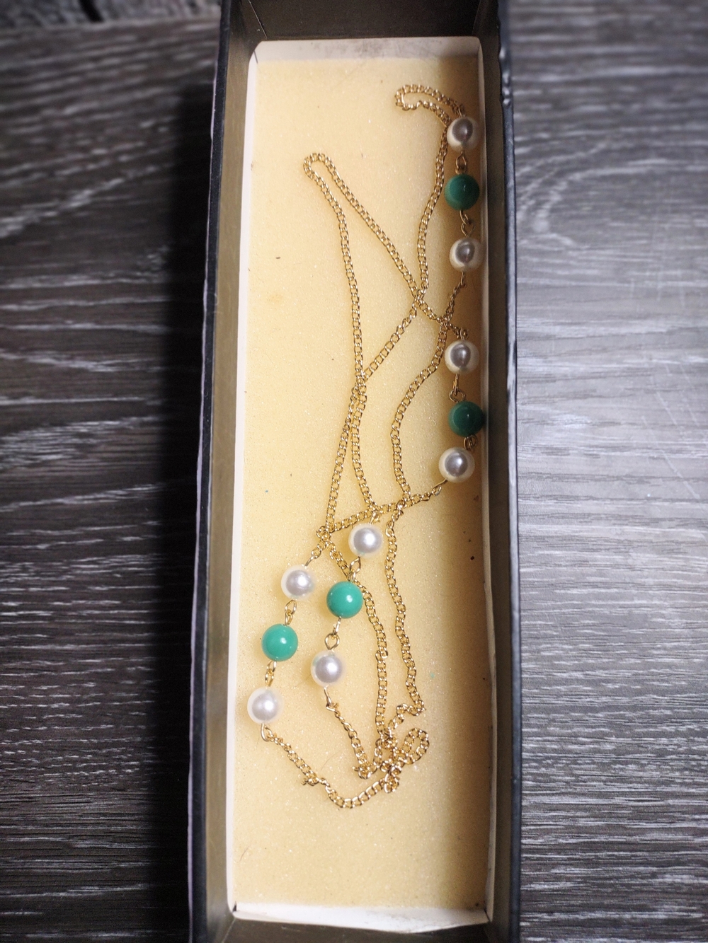 30" Gold Chain with Pearl & Green Stationed Beads Necklace - Picture 3 of 11